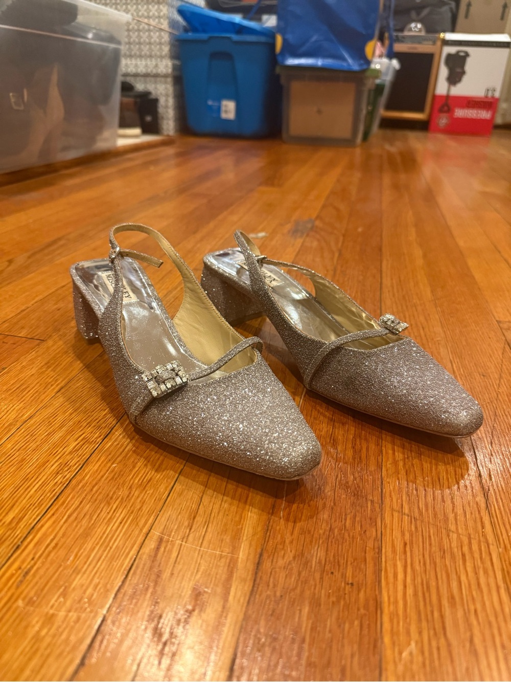 Badgley Mischka Womens 9.5 Silver Glitter Rhinestone Slingback Block Heels